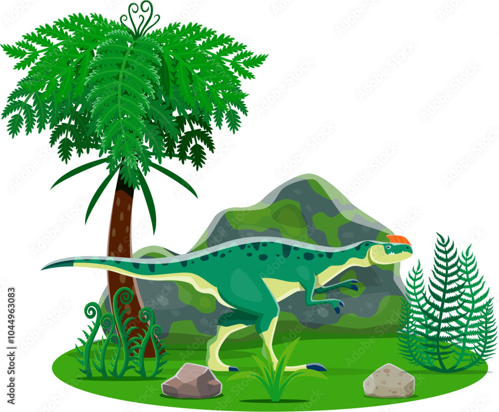 Kileskus prehistoric dinosaur character. Cartoon vector dino predator in a lush tropical Middle Jurassic era landscape with palm tree, green grass, rocks and ferns. Roaring carnivorous ancient reptile Kileskus prehistoric dinosaur character. Cartoon vector dino predator in a lush tropical Middle Jurassic era landscape with palm tree, green grass, rocks and ferns. Roaring carnivorous ancient reptile