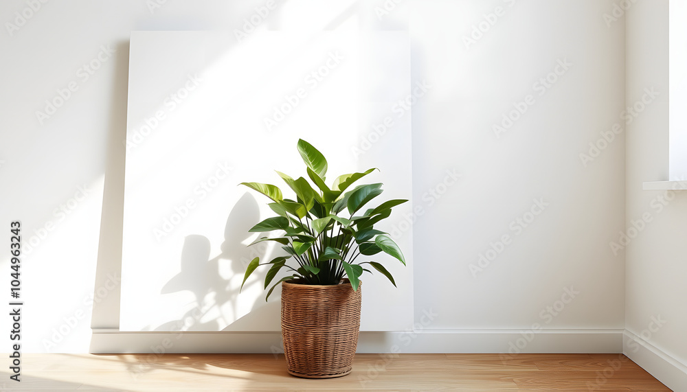 Blank canvas with empty mockup copy space. Home plant ficus elastica robusta in rattan pot. Minimal artist studio interior concept isolated with white highlights, png