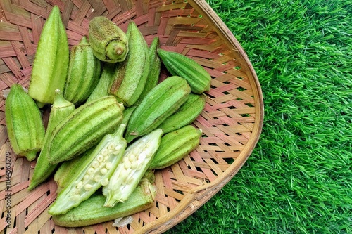 Kate Bhendi or Bhindi or okra used to prepare aamati witch is one of the most popular indian recipe. Louisiana Short Pod Heirloom Okra. photo