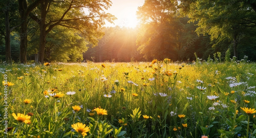 Obraz premium Sunlit meadow surrounded by forest background bright meadow bursting with wildflowers enclosed by lush trees