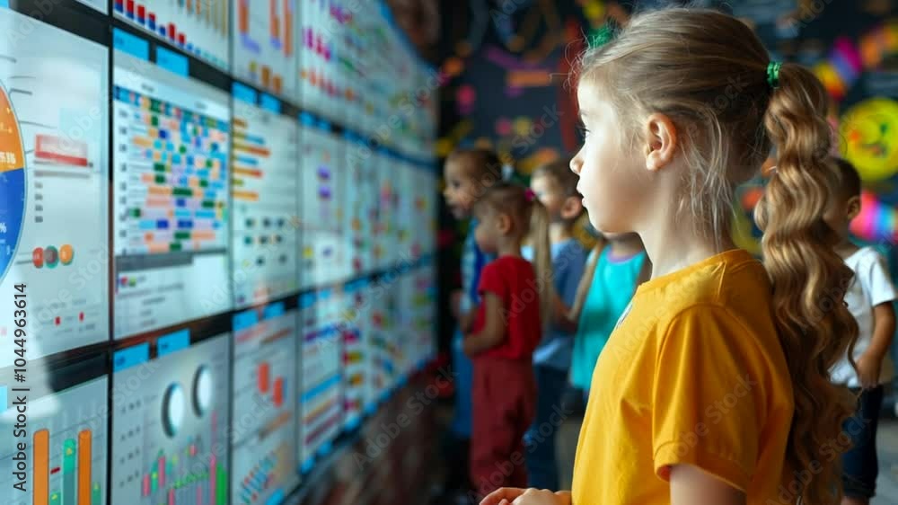 A young girl curiously studies vibrant graphs and charts on interactive screens while her classmates observe at an educational exhibition, promoting technology and learning A young girl curiously studies vibrant graphs and charts on interactive screens while her classmates observe at an educational exhibition, promoting technology and learning