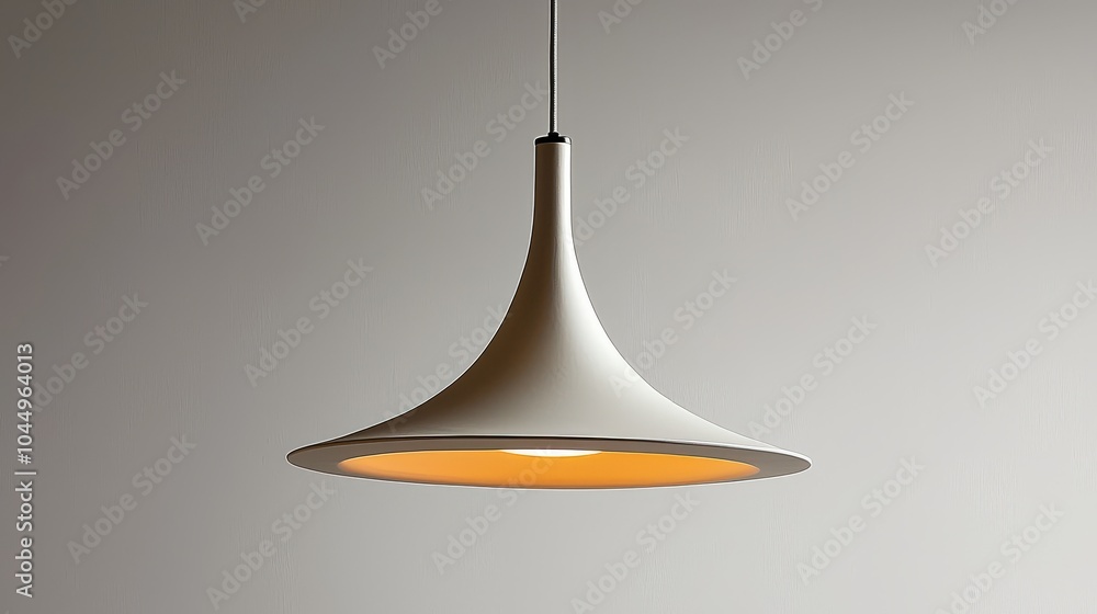 Fototapeta premium A stylish designer pendant light with a simple, clean shape, suspended against a bright white background, perfect for enhancing modern home decor.