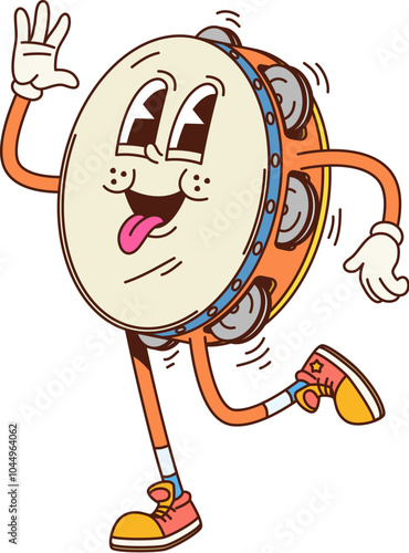 Cartoon tambourine groovy musical instrument character waving hands with happy face and playful energetic expression. Isolated vector funny retro personage wears trendy hippie sneakers and gloves