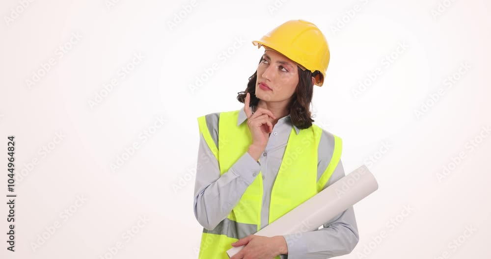 Woman engineer holds paper blueprints roll generating ideas on white background. Young female worker experiences inspiration solving work issue