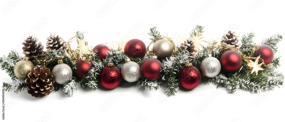 Festive Christmas garland with red, silver, and gold ornaments, pine cones, and evergreen branches on a white background. Festive Christmas garland with red, silver, and gold ornaments, pine cones, and evergreen branches on a white background.