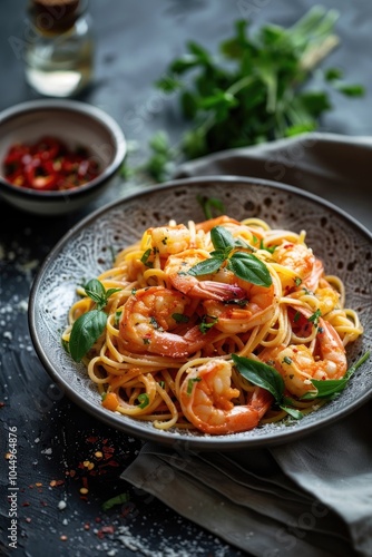 Delicious Shrimp and Tomato Pasta with Fresh Herbs on Rustic Table