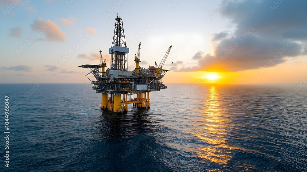 Majestic offshore oil rig standing tall in the middle of the vast open ocean Majestic offshore oil rig standing tall in the middle of the vast open ocean