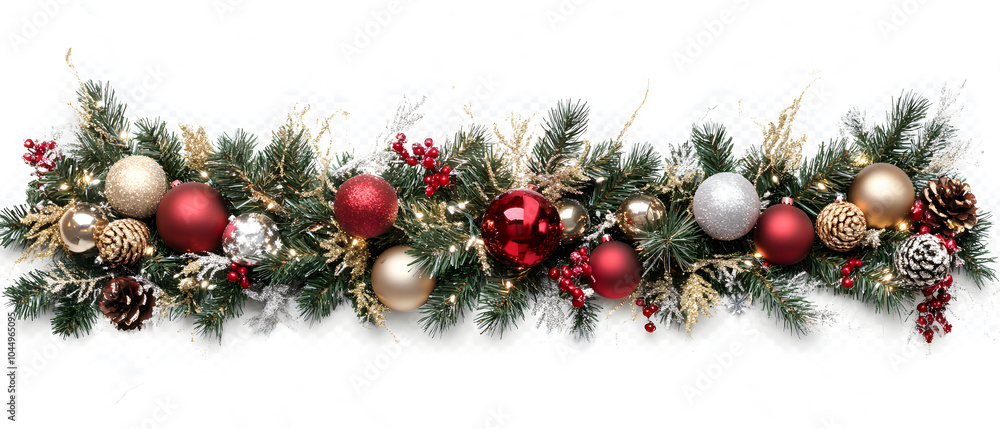Festive Christmas garland with red and gold ornaments, pine cones, and berries on a white background. Festive Christmas garland with red and gold ornaments, pine cones, and berries on a white background.