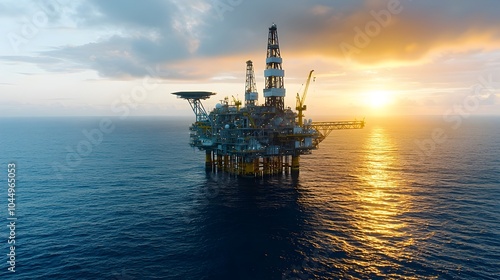 Majestic Offshore Oil Rig Silhouetted Against a Vibrant Sunset Sky with Golden Reflections Rippling Across the Vast Ocean Surface