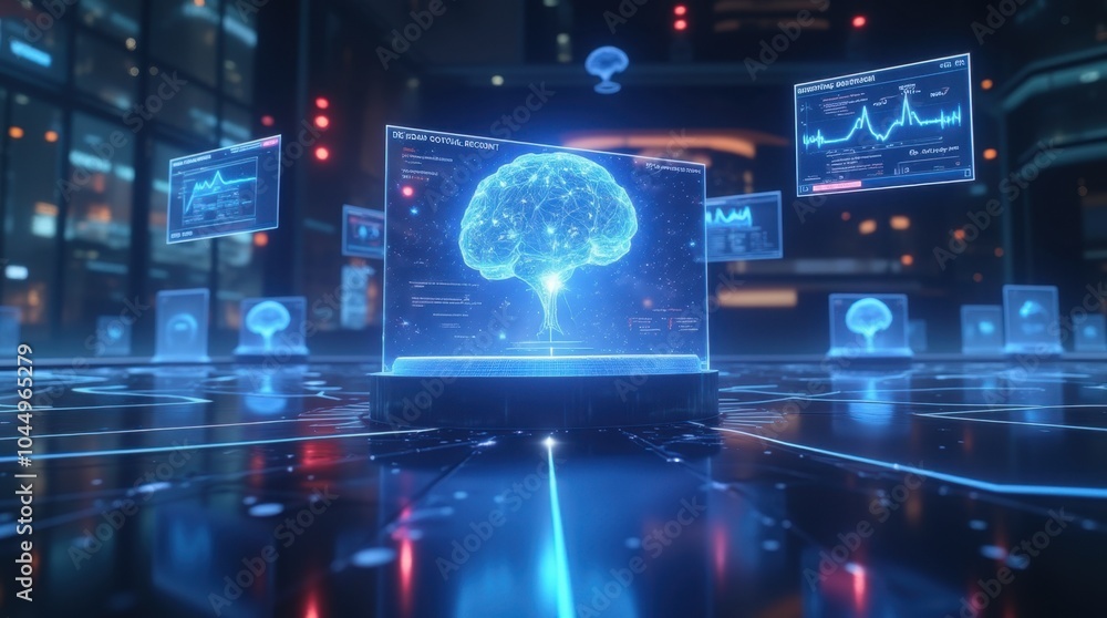 A sleek, futuristic interface featuring holographic displays of machine learning algorithms and AI processing. A sleek, futuristic interface featuring holographic displays of machine learning algorithms and AI processing.