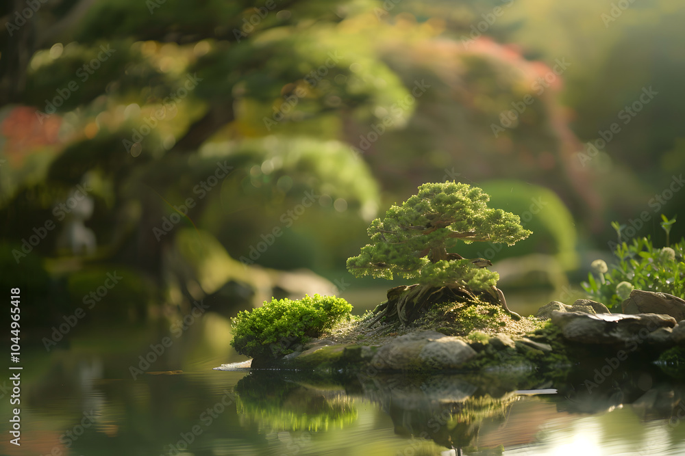 serene Japanese garden featuring tranquil bonsai tree on rock surrounded by lush greenery and calm water, evoking sense of peace and harmony serene Japanese garden featuring tranquil bonsai tree on rock surrounded by lush greenery and calm water, evoking sense of peace and harmony