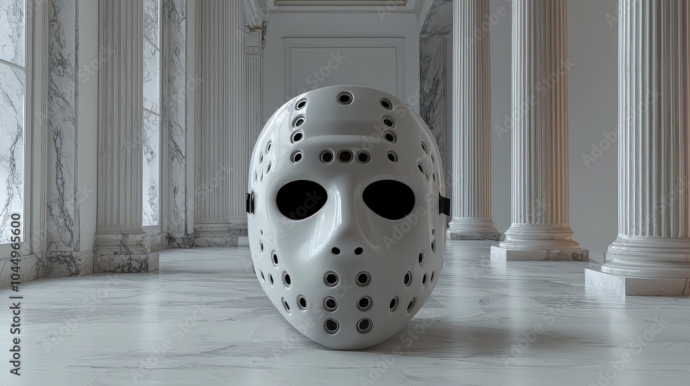 Photo & Art Print A traditional white hockey mask showcasing eerie