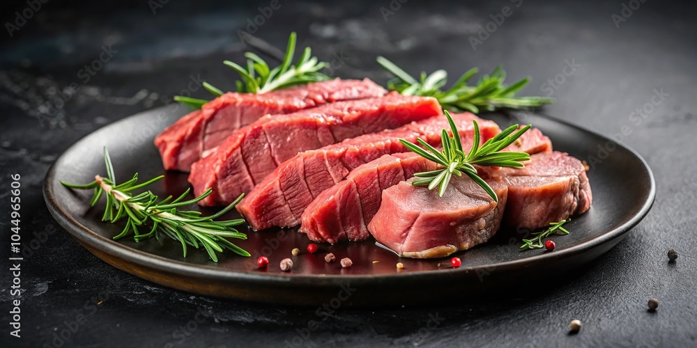 Sliced beef with rosemary served on a black plate from a low angle view Sliced beef with rosemary served on a black plate from a low angle view