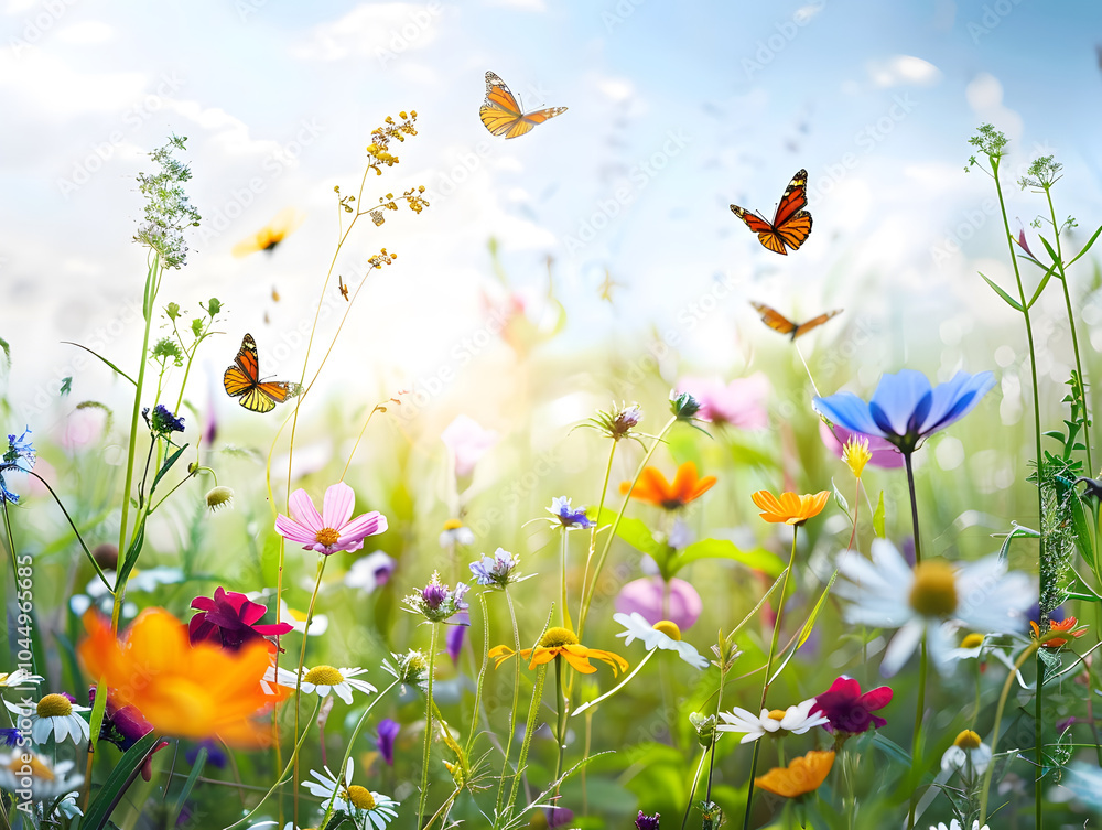 Obraz premium vibrant meadow filled with colorful wildflowers and butterflies dancing in sunlight creates joyful and serene atmosphere. beauty of nature is on full display, inviting sense of peace and wonder