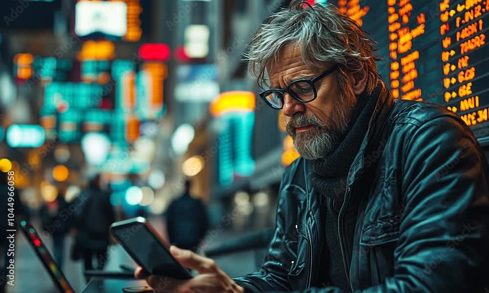 Man using a smartphone and laptop in a vibrant urban setting. Man using a smartphone and laptop in a vibrant urban setting.