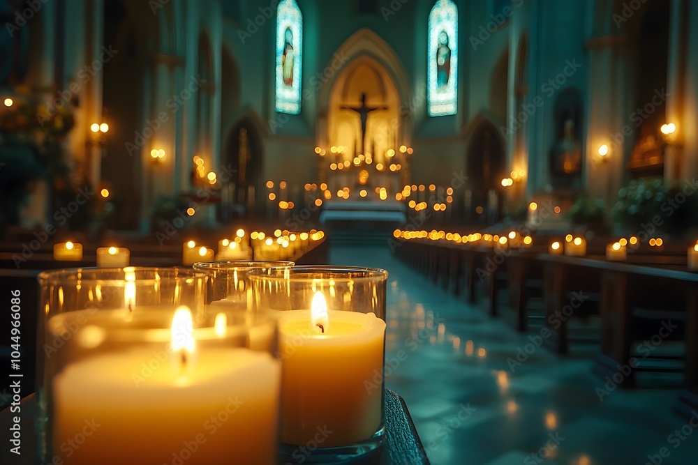 Lit Candles in Christian Cathedral with Altar and Crucifix in the Background Lit Candles in Christian Cathedral with Altar and Crucifix in the Background
