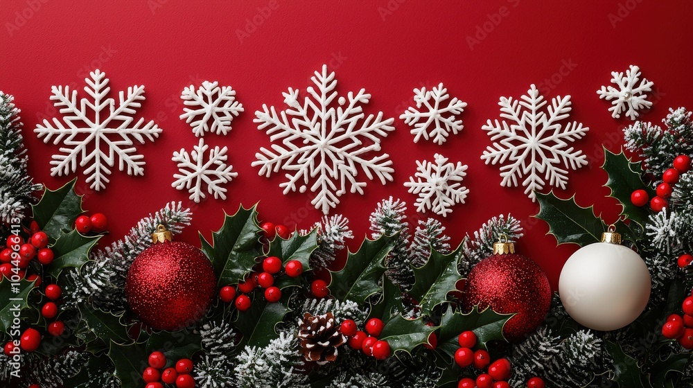 A vibrant red holiday backdrop showcasing intricate white snowflake designs and bright holly, softly illuminated by twinkling lights, embodying the joy of the season. A vibrant red holiday backdrop showcasing intricate white snowflake designs and bright holly, softly illuminated by twinkling lights, embodying the joy of the season.