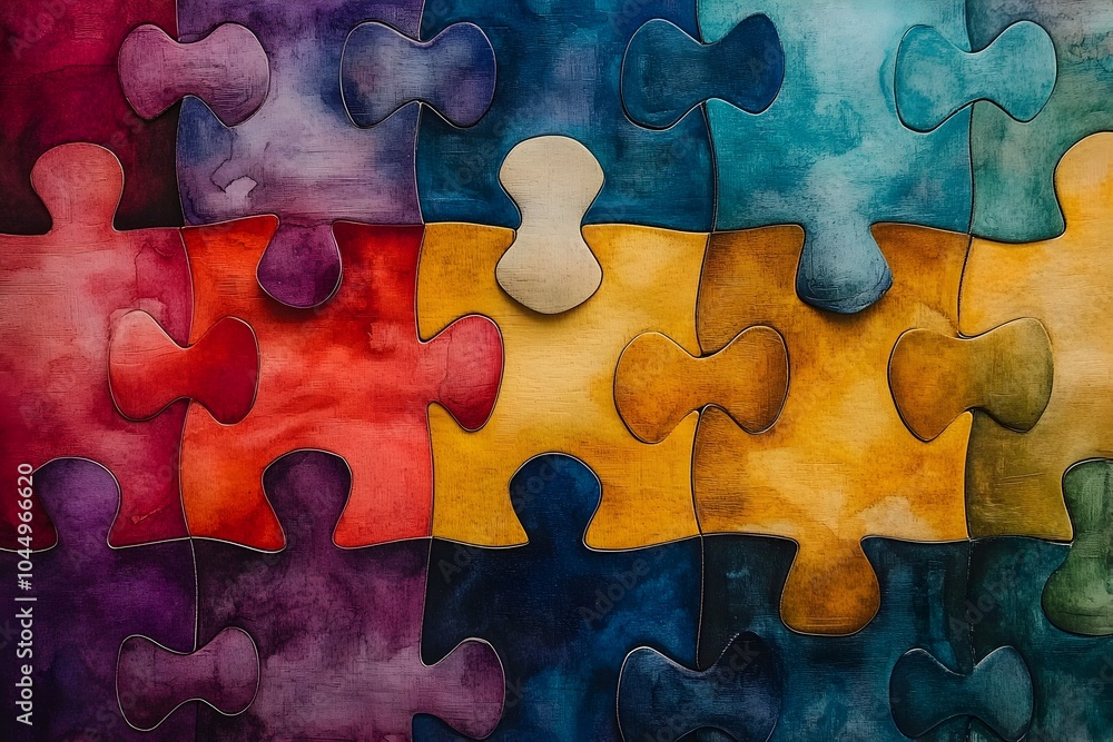 Fototapeta premium Interlocking Puzzle Pieces with Vibrant Watercolor Texture Symbolizing Connection and Diversity in