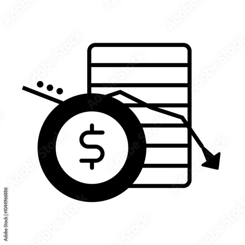 Cost Reduction Icon – Downward Arrow Cutting Through a Stack of Coins, Signifying Decreased Expenses