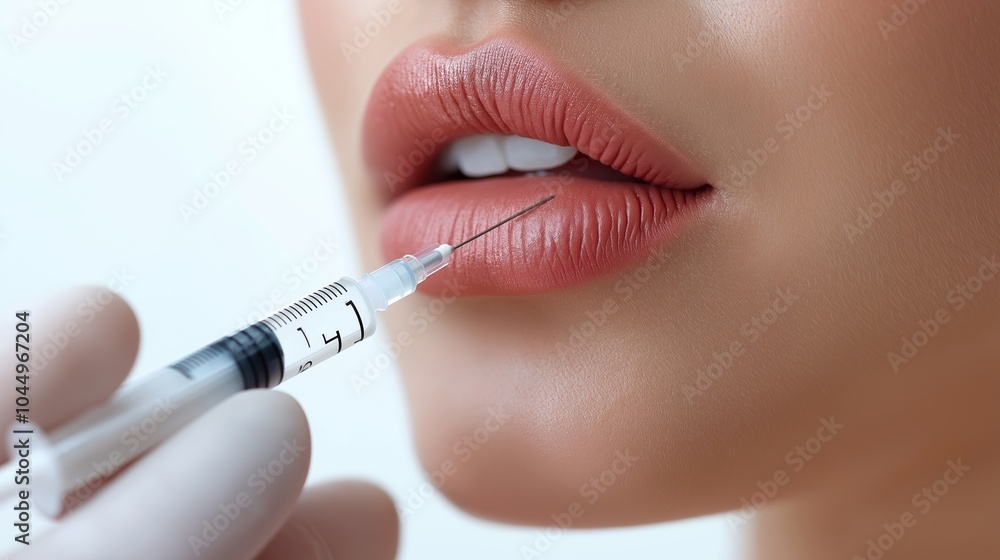 Close-up of natural lips receiving cosmetic injection Close-up of natural lips receiving cosmetic injection