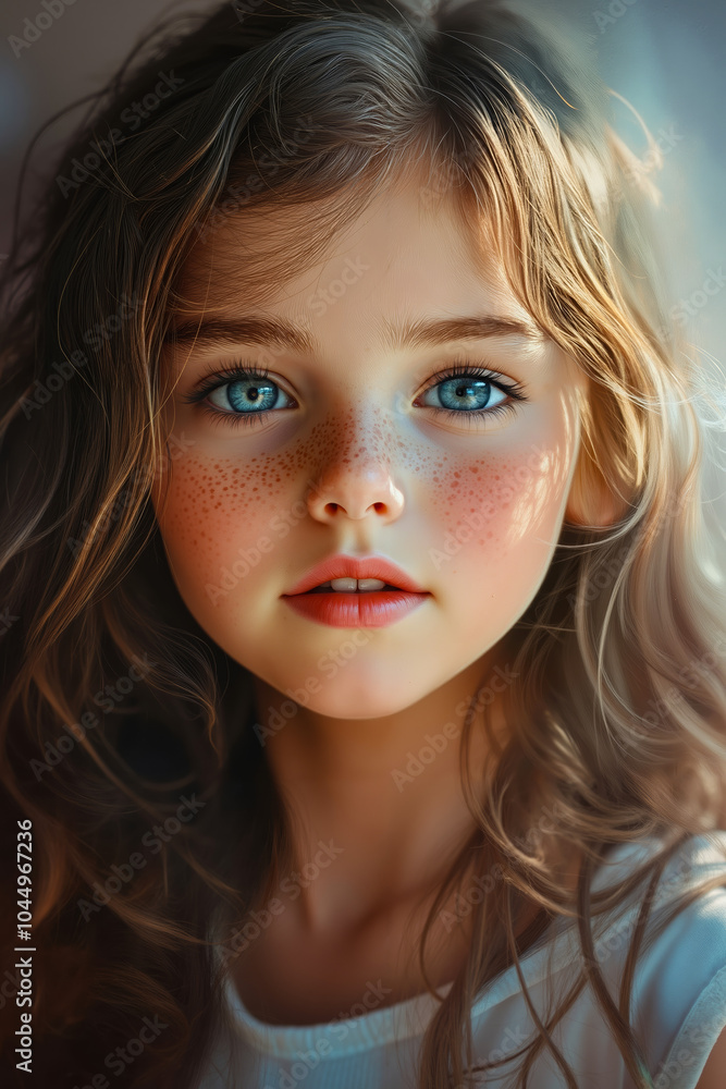 A young girl with freckles on her face and blue eyes A young girl with freckles on her face and blue eyes