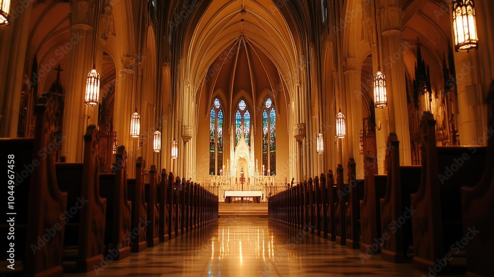 Serene Interior of a Grand Church with Stained Glass Serene Interior of a Grand Church with Stained Glass