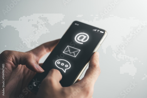 Wallpaper Mural Business man touch the screen on smart phone with internet, email and chat icons. social network and social media marketing concept. Torontodigital.ca