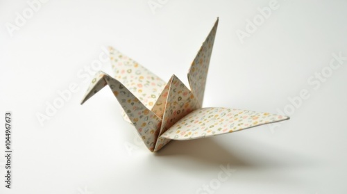 A beautifully folded origami crane made from patterned paper, positioned on a white background. photo