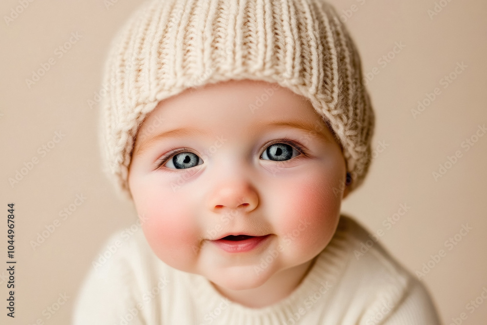 A Baby Boy Wearing A Cute, Knitted Hat, With A Playful Expression As He Gazes Up At The Camera, Set Against A Light, Neutral Background A Baby Boy Wearing A Cute, Knitted Hat, With A Playful Expression As He Gazes Up At The Camera, Set Against A Light, Neutral Background