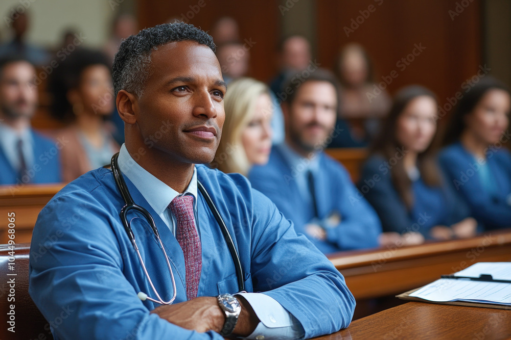 A courtroom scene with medical professionals discussing healthcare law, highlighting legal documents and patient rights, in a professional setting A courtroom scene with medical professionals discussing healthcare law, highlighting legal documents and patient rights, in a professional setting
