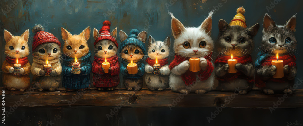 Cozy festive cats in winter hats holding candles for holiday card design Cozy festive cats in winter hats holding candles for holiday card design