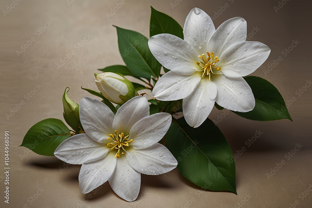 Realistic Close-Up of a Jasmine Flower with Delicate White Petals and Green Leaves Realistic Close-Up of a Jasmine Flower with Delicate White Petals and Green Leaves