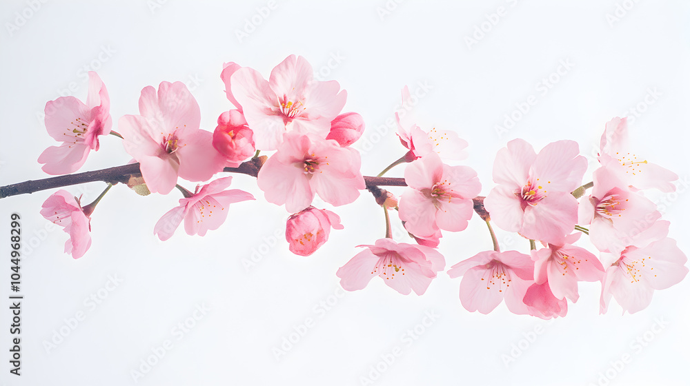 A delicate branch of pink cherry blossoms against a white background. A delicate branch of pink cherry blossoms against a white background.