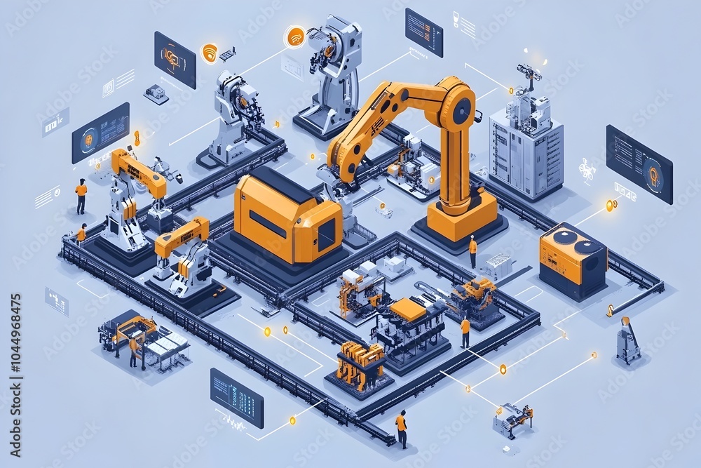 Interconnected Smart Factory Showcasing Industry Automation and Optimization Interconnected Smart Factory Showcasing Industry Automation and Optimization