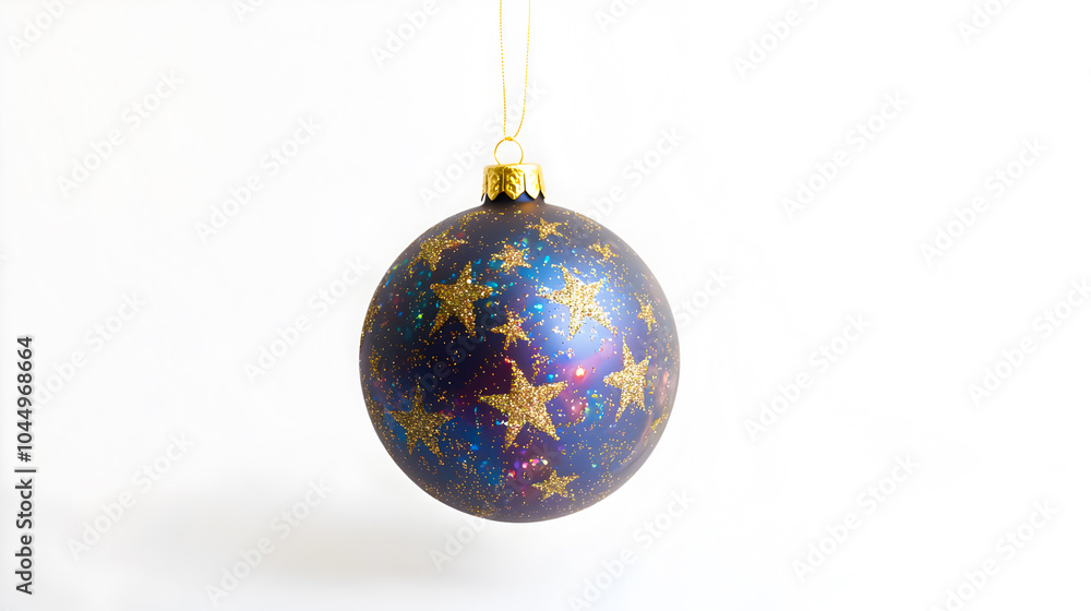 A blue Christmas ornament with gold stars hanging from a gold string on a white background. A blue Christmas ornament with gold stars hanging from a gold string on a white background.