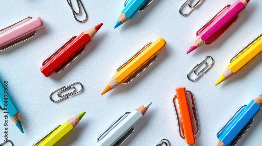 An artistic display of colorful pencils and silver paper clips floating above a plain white surface, their shadows creating intriguing shapes and patterns. An artistic display of colorful pencils and silver paper clips floating above a plain white surface, their shadows creating intriguing shapes and patterns.