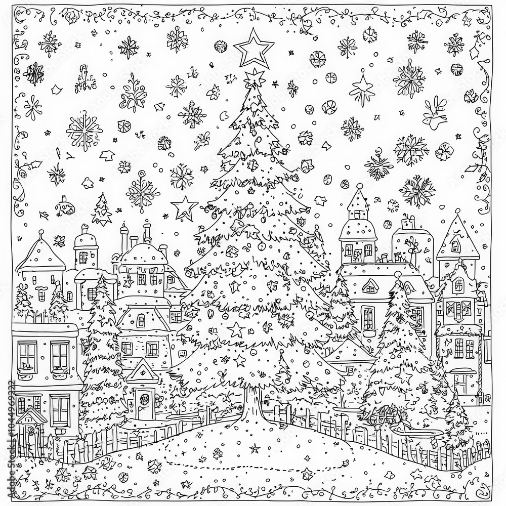 A whimsical Christmas card design scene, coloring page for kids, simple outline illustration. Coloring book, simple lines. A whimsical Christmas card design scene, coloring page for kids, simple outline illustration. Coloring book, simple lines.