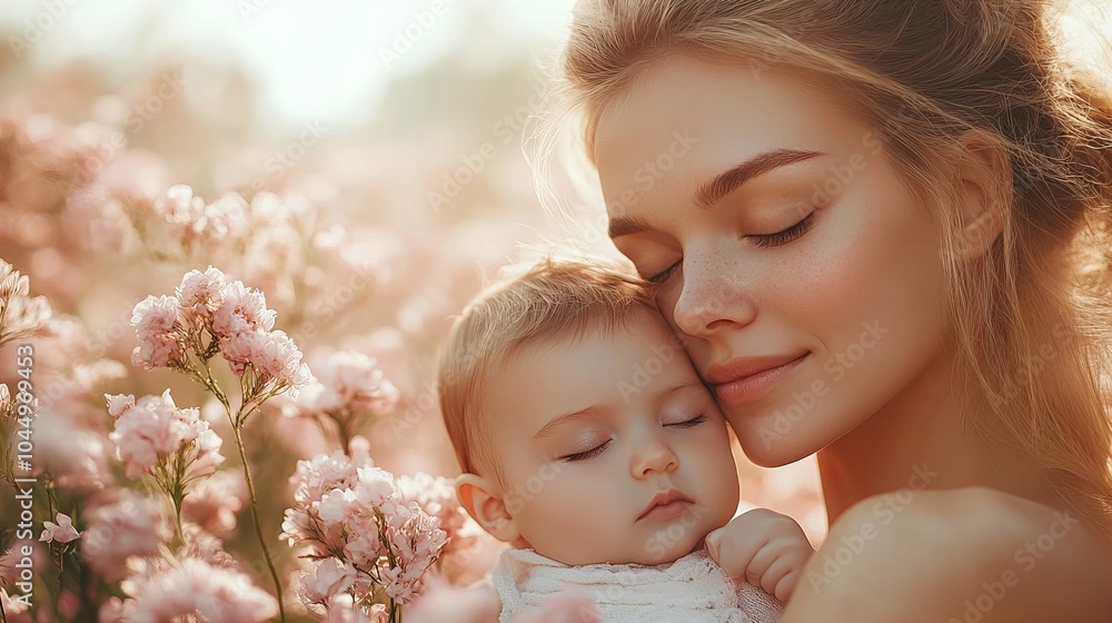 Tender mother and child in blooming pink floral embrace Tender mother and child in blooming pink floral embrace