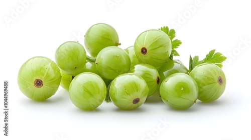 Closeup of a juicy vibrant green gooseberry fruit isolated on a clean minimalist white background  This succulent berry is a healthy organic food item with a unique texture and flavor photo