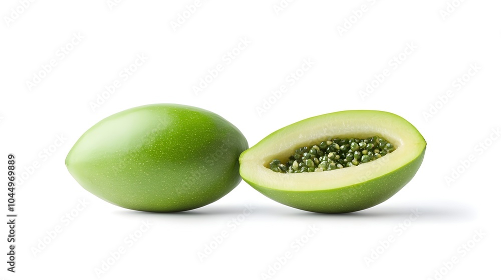 Closeup of a fresh green and smooth southern variety pawpaw fruit isolated on a clean white background This tropical produce is a healthy organic and natural ingredient for culinary uses Closeup of a fresh green and smooth southern variety pawpaw fruit isolated on a clean white background This tropical produce is a healthy organic and natural ingredient for culinary uses