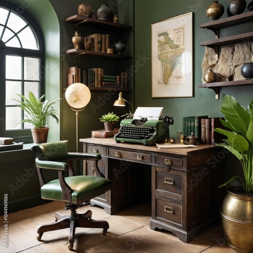 A cozy, vintage-style office space filled with classic wooden furniture