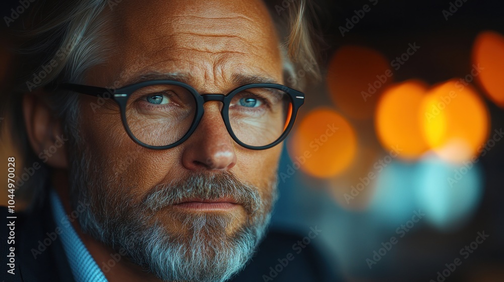 Close-up portrait of a serious-looking man with grey hair and beard wearing glasses. Close-up portrait of a serious-looking man with grey hair and beard wearing glasses.