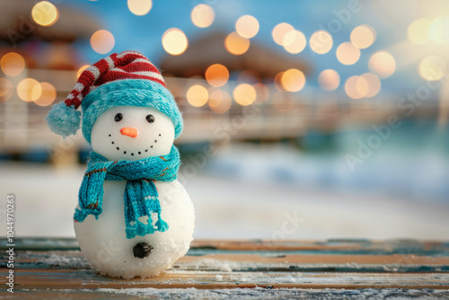 On a beach stands a snowman with hat and scarf