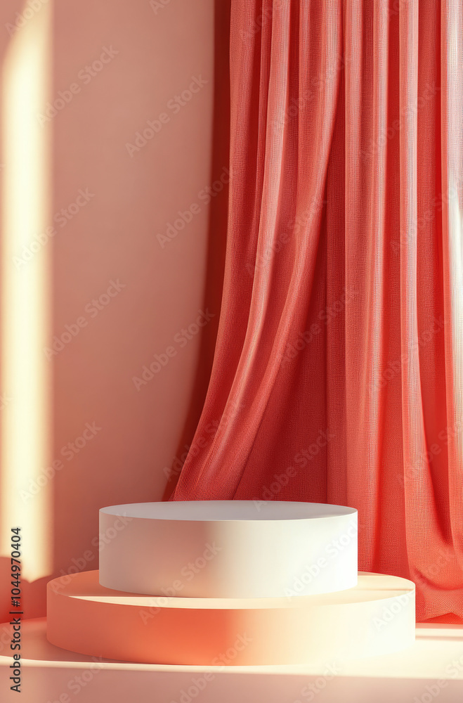 Soft and Gentle 3D Rendered Podium with Coral Curtains for a Warm Touch Soft and Gentle 3D Rendered Podium with Coral Curtains for a Warm Touch
