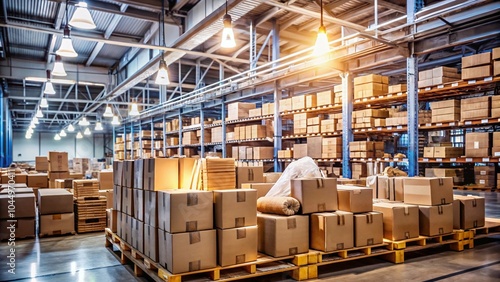 Large warehouse filled with boxes during Black Friday sale