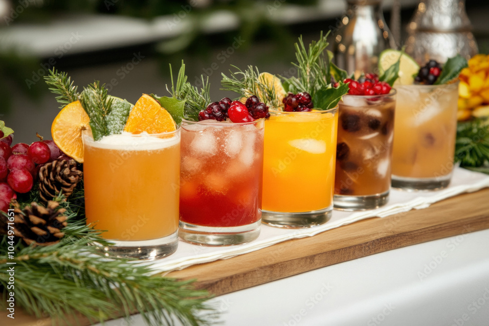 Holiday Party Scene With A Table Set With Colorful Cocktails, Warm Beverages In Mugs, And Decorative Bottles Of Festive Spirits, Creating A Vibrant Celebration Atmosphere Holiday Party Scene With A Table Set With Colorful Cocktails, Warm Beverages In Mugs, And Decorative Bottles Of Festive Spirits, Creating A Vibrant Celebration Atmosphere