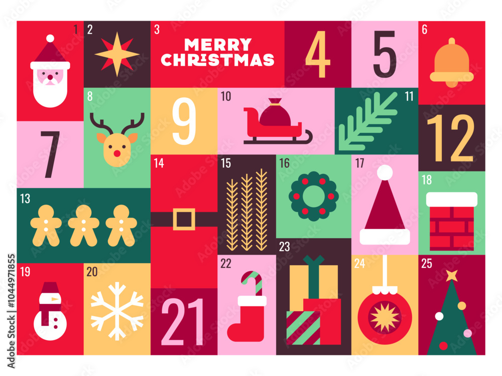 Colorful Christmas Advent Calendar Featuring Festive Symbols and Holiday Icons Colorful Christmas Advent Calendar Featuring Festive Symbols and Holiday Icons