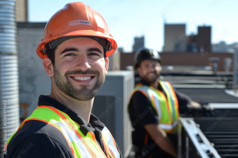 Obraz premium Close-up Portrait of HVAC Technician on Rooftop with Safety Gear Generative AI