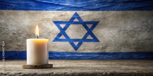 Yom HaZikaron memorial candle with Israeli flag backdrop on stone surface , Yom HaZikaron, candle, memorial, Israeli flag photo