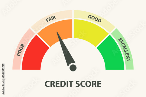 Credit score ranges icon. Loan rating scale with levels from poor to excellent. Arrow pointing at fair